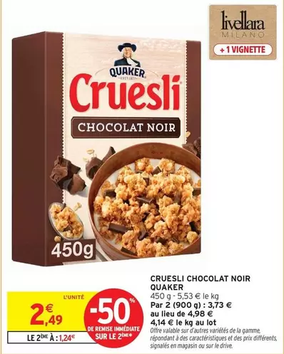 Quaker - Cruesli Chocolat Noir offre à 2,49€ sur Intermarché Contact