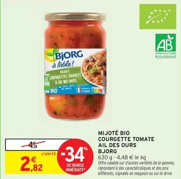 Bjorg - Mijoté Bio Courgette Tomate Ail Des Ours offre à 2,82€ sur Intermarché