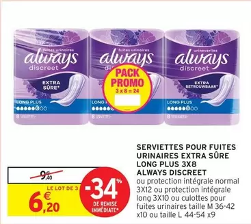 Always - Serviettes Pour Fuites Urinaires Extra Sûre Long Plus 3x8 Discreet offre à 6,2€ sur Intermarché