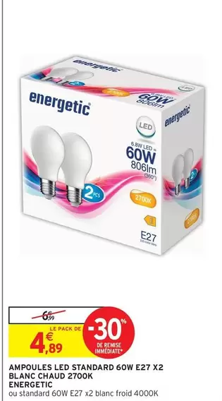 Energetic - Ampoules LED Standard 60W E27 X2 Blanc Chaud 2700K - Pack Promo