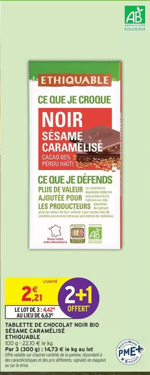 Ethiquable - Tablette De Chocolat Noir Bio Essence Caramelisée offre à 2,21€ sur Intermarché