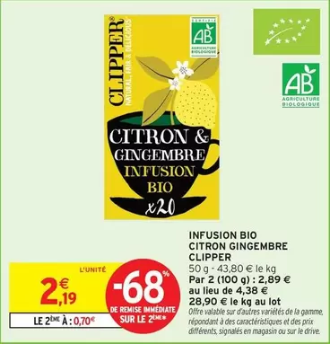 Clipper - Infusion Bio Citron Gingembre offre à 2,19€ sur Intermarché