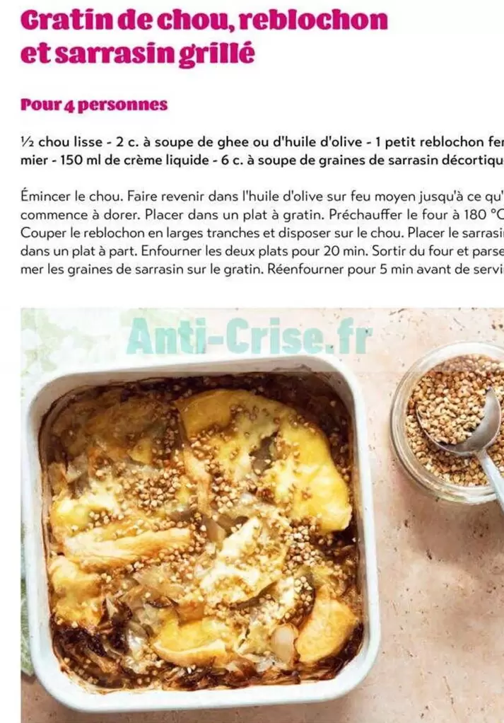 Gratin De Chou, Reblochon Et Sarrasin Grillé offre sur Satoriz