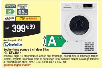 Vedette - Sèche-Linge Pompe À Chaleur 8 Kg SFV384H offre à 399,99€ sur Migros France