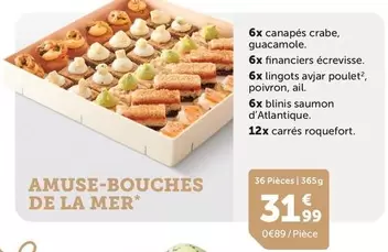 6x Canapés Crabe, Guacamole. 6x Financiers Écrevisise offre à 31,99€ sur Flunch