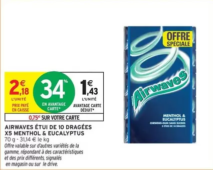 Airwaves - Étui de 10 Dragées Menthol & Eucalyptus X5 - Fraîcheur intense et goût rafraîchissant