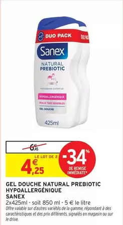 Sanex Gel Douche Natural Prebiotic Hypoallergénique - Douche douce et respectueuse de la peau, idéale pour les peaux sensibles.