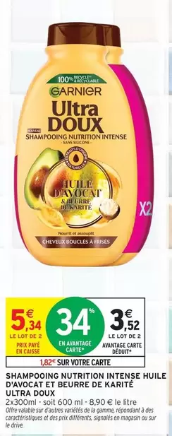 Garnier - Shampooing Ultra Doux à l'Huile d'Avocat et Beurre de Karité - Douceur Intense