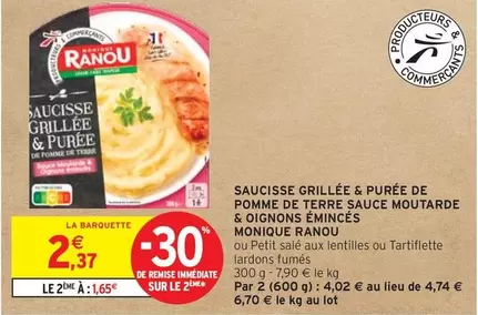 Monique Ranou - Saucisse Grillée avec Purée de Pommes de Terre à la Sauce Moutarde et Oignons Émincés