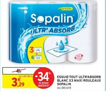 Sopalin Essuie-tout Ultra'absorb Blanc - Promo X3 Maxi Rouleaux, ultra-absorbant et pratique pour tous vos besoins ménagers