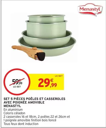 Ménastyl - Set 5 Pièces Poêles et Casseroles avec Poignée Amovible en Promo