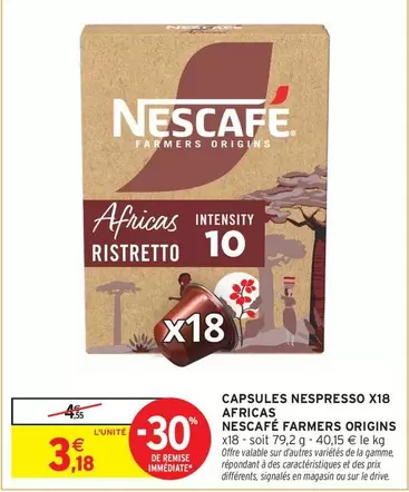 Nescafé - Capsules Nespresso X18 Africas Farmers Origins : Goût unique, promotion spéciale sur l'origine africaine.