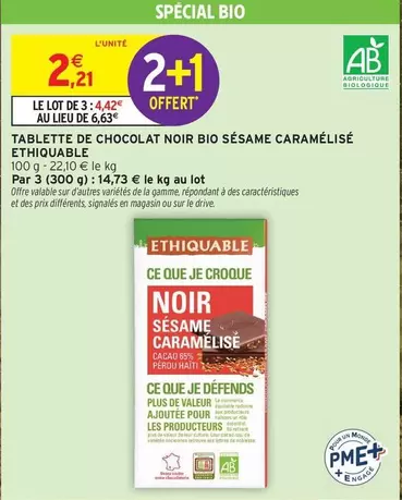 Ethiquable - Tablette de Chocolat Noir Bio Sésame Caramélisé : Délice bio et croustillant