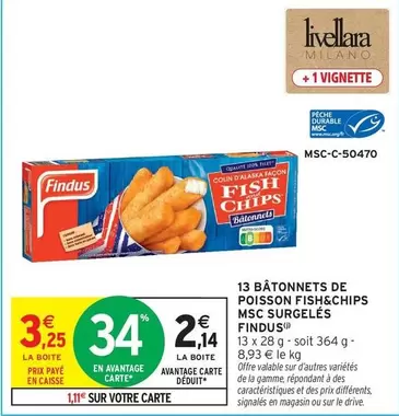 Findus - 13 Bâtonnets de Poisson Fish&Chips MSC Surgelés