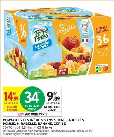 Pom'potes Les Inésdits : Pomme, Mirabelle, Banane, Cerise - Sans Sucres Ajoutés en Promotion