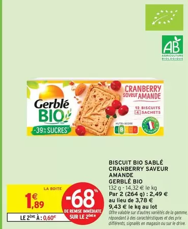 Gerblé - Biscuit Bio Sablé Cranberry Saveur Amande Bio