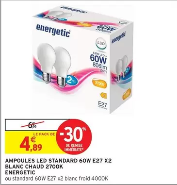 Energetic - Ampoules LED Standard 60W E27 x2 Blanc Chaud 2700K - Éclairage Économique et Confortable