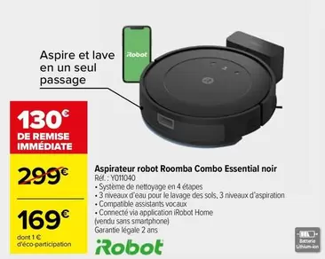 IRobot - Aspirateur Robot Roomba Combo Essential Noir offre à 169€ sur Carrefour