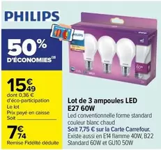 Philips - Lot De 3 Ampoules Led E27 60w offre à 7,74€ sur Carrefour