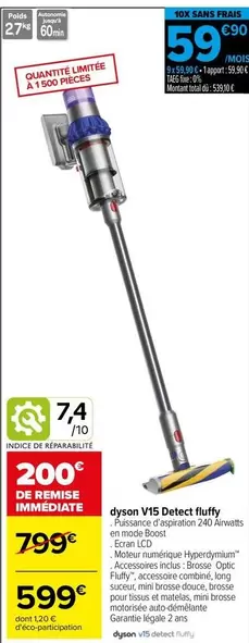 Dyson - V15 Detect Fluffy offre à 599€ sur Carrefour