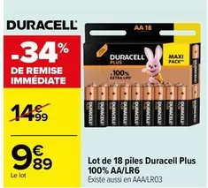 Duracell - Lot De 18 Piles Plus 100% AA/lR6 offre à 9,89€ sur Carrefour Drive