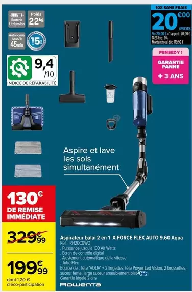 Rowenta Aspirateur Balai 2 En 1 Force Flex Auto 9.60 Acqua - Performance et Flexibilité pour un Nettoyage Efficace