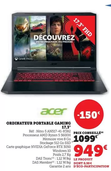 Acer - Ordinateur Portable Gaming 17,3" offre à 949€ sur Hyper U