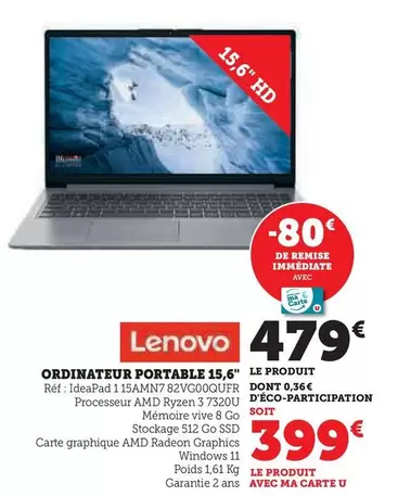 Lenovo - Ordinateur Portable 15,6" offre à 479€ sur Hyper U