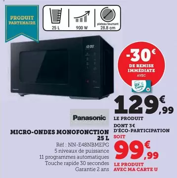 Panasonic - Micro-Ondes Monofonction 25l offre à 129,99€ sur Hyper U