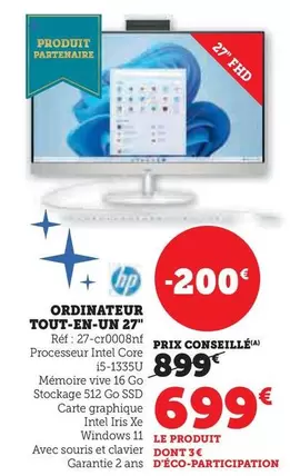 HP - Ordinateur Tout-En-Un 27" 27-CR0008NF offre à 699€ sur Hyper U