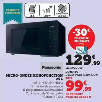 Panasonic - Micro-Ondes Monofonction 25l offre à 129,99€ sur Hyper U