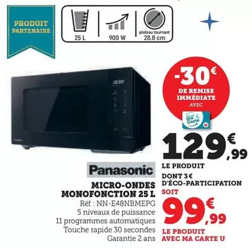 Panasonic - Micro-Ondes Monofonction 25 L NN-E48NBMEPG offre à 129,99€ sur Super U