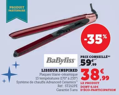 Babyliss - Lisseur Inspired ST212PE  offre à 38,99€ sur Super U