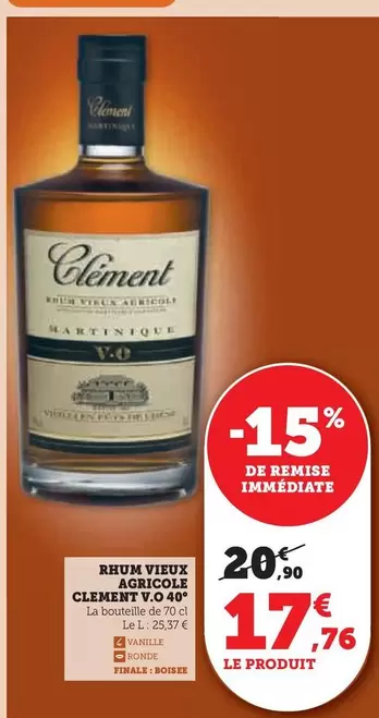 Clement - Rhum Vieux Agricole V.O 40° offre à 17,76€ sur Super U