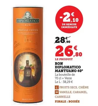 Diplomatico - Ron Mantuano 40° offre à 26,8€ sur U Express