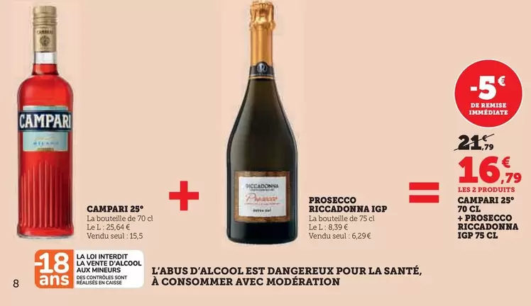 Campari/Riccadonna - 25° + Prosecco IGP offre à 16,79€ sur U Express