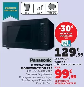 Panasonic - Micro-Ondes Monofonction 25L offre à 129,99€ sur Super U