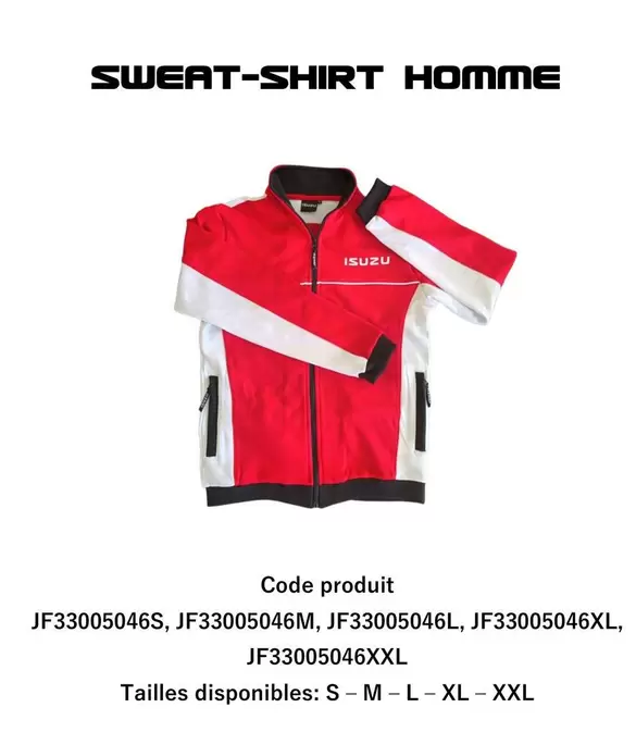 ISUZU - Sweat-Shirt Homme Code Produit JF33005046S, JF33005046M, JF33005046L, JF33005046XL, JF33005046XXL offre sur ISUZU