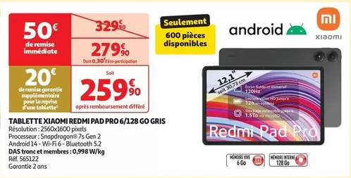 Xiaomi - Tablette Redmi Pad Pro 6/128 Go Gris offre à 279,9€ sur Auchan Hypermarché