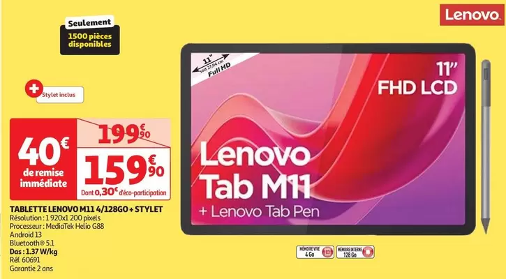 Lenovo - Tablette M11 4/128Go + Stylet offre à 159,9€ sur Auchan Hypermarché