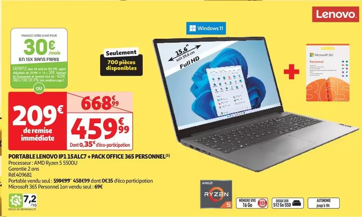 Lenovo - Portable IP1 15ALC7+ Pack Office 365 Personnel offre à 459,99€ sur Auchan Hypermarché