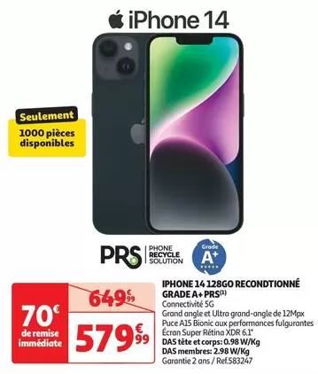 Apple - Iphone 14 128Go Reconditionné Grade A+ Prs offre à 579,99€ sur Auchan Hypermarché