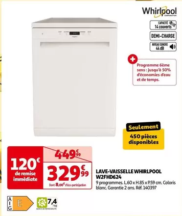 Whirlpool - Lave Vaisselle W2FHD624 offre à 329,99€ sur Auchan Hypermarché