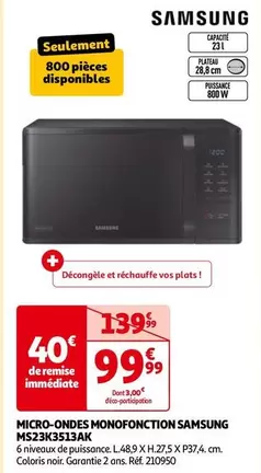 Samsung - Micro Ondes Monofonction MS23K3513AK offre à 99,99€ sur Auchan Hypermarché