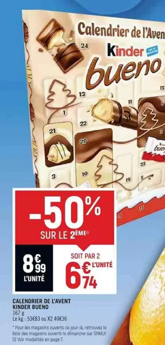 Kinder - Calendrier De L'avent  Bueno offre à 8,99€ sur Spar