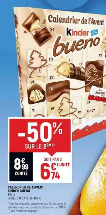 Ferrero - Calendrier De L'avent Kinder Bueno offre à 8,99€ sur Spar