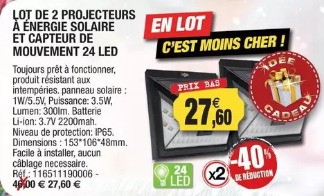 Lot De 2 Projecteurs A Energie Solaire Et Capteur De Mouvement 24 Led offre à 27,6€ sur Outiror