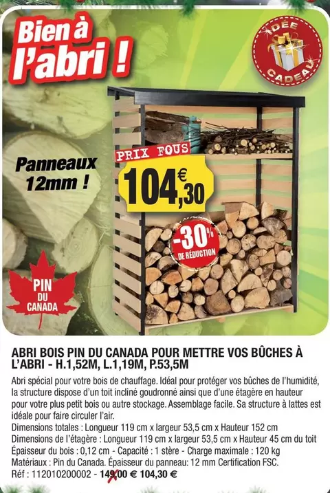 Abri Bois Pin Du Canada Pour Mettre Vos Buches À L'Abri offre à 104,3€ sur Outiror