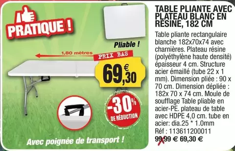 Table Pliante Avec Plateau Blanc En Resiné, 182 Cm offre à 69,3€ sur Outiror