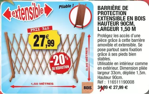 Barrière De Protection Extensible En Bois Hauteur 90cm, Largeur 1,5 M offre à 27,99€ sur Outiror